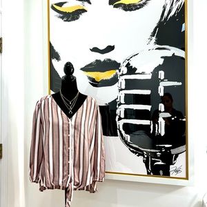 Loft Outlet 3/4 Sleeve Front Waist-Tie Striped Shirt, Size XL